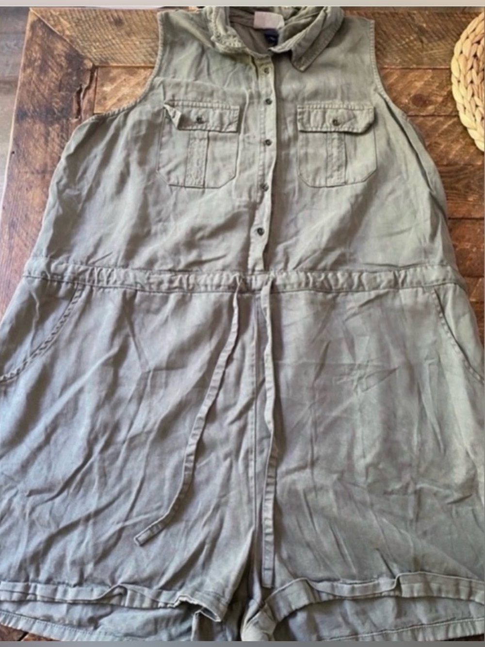 Women’s Sleeveless Utility Romper in Olive Green (Size 2XL)